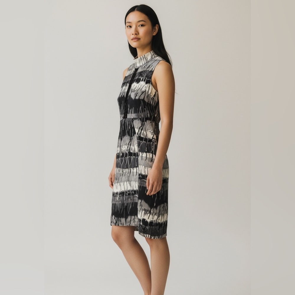 NICOLE MILLER COLLECTION silk Drip Paint Print dress Braided Lattice Black sz 2